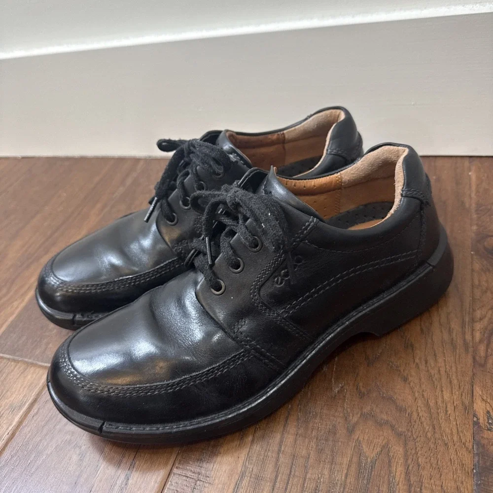 ECCO Leather Moc Oxford Men's 9 Black Comfort Dress Sneakers Lace Up Shock Point